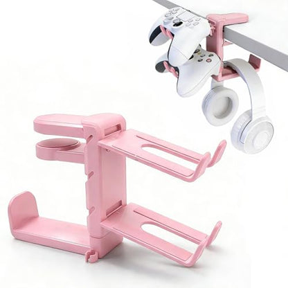 3-in-1 Gaming Headset Stand with Controller Holders Clamp-on Under Desk Rotating Headphone Hanger Adjustable PC Desk Headphone Holder with Cable Organizer - color: pink