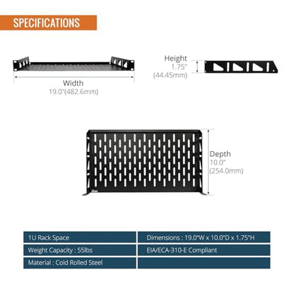 Tecmojo 1U Rack Shelf,19 inch Rack Shelf 10 inch Depth,Rack Mount Shelf with Anti-Slip Stops,Server Rack Shelf and Network Shelf for 19 in Equipments, 55lbs Capacity of Vented 1U Shelf,No Lip(2 Pack) - size: 10 in/2pack