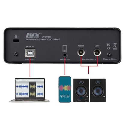 LyxJam 2x2 USB Audio Interface Bundle with ASIO, White PreSonus Eris 3.5 Studio Monitors, Bluetooth MIDI Pad Controller, Condenser Mic, Headphones, Isolation Shield & Software
