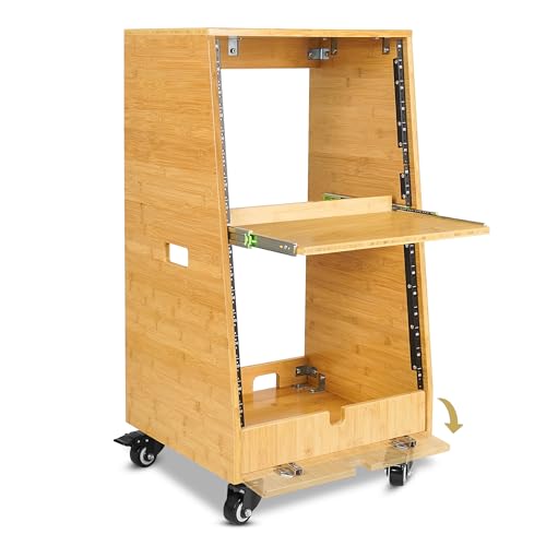 Sound Town DIY Slanted 16U Studio Rack (8U Top + 8U Lower) with Slide-Out Tray, 2U Bottom Storage & Casters, Solid Carbonized Bamboo Audio Equipment Rack for Recording Room & Home Studio (STBR-ST16T) - size: 16U(8U Top + 8U Lower),Carbonized Bamboo