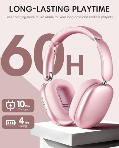 Wentronic Y02 Active Noise Cancelling Wireless Headphones, Pink | Over-Ear, Bluetooth, 60H Playtime,Crystal Clear Calls, Hi-Res Audio, Big Bass, Foldable Lightweight for Travel Home Office - color: Pink