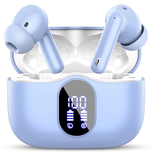 Wireless Earbuds, Bluetooth 5.4 Headphones Bass Stereo/Clear Call,Pale Blue | Ear Buds with Noise Cancelling Mic LED Display in Ear Earphones IP7 Waterproof 36H Bluetooth Earbuds for Phones/Sport/Laptop - color: Pale Blue