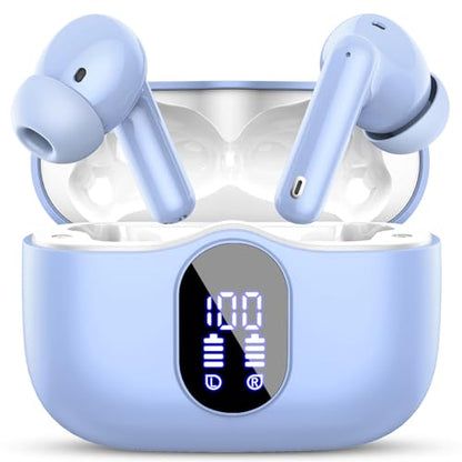 Wireless Earbuds, Bluetooth 5.4 Headphones Bass Stereo/Clear Call,Pale Blue | Ear Buds with Noise Cancelling Mic LED Display in Ear Earphones IP7 Waterproof 36H Bluetooth Earbuds for Phones/Sport/Laptop - color: Pale Blue