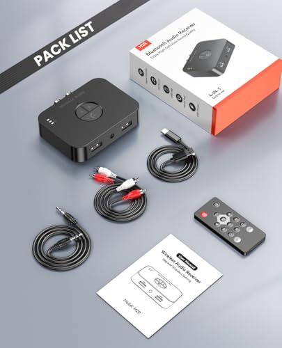 Bluetooth 5.4 Receiver with USB/AUX/RCA Outputs, HiFi Wireless Audio Receiver with Remote, USB Playback & Type-C Power – No Battery, Bluetooth Audio Adapter for Old Stereo and Home Theater System.