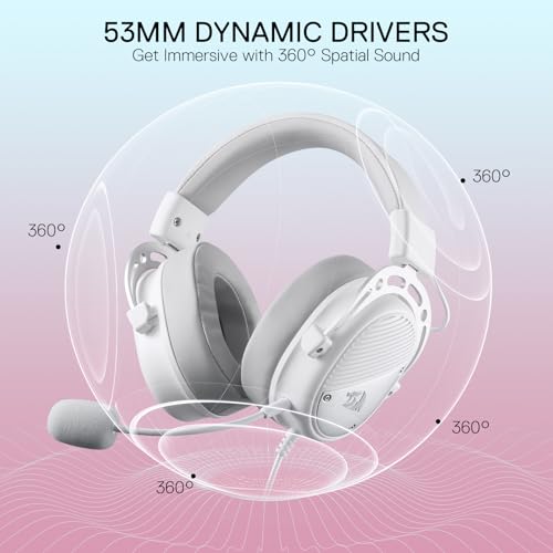 Redragon H730 USB Wired Gaming Headset - 53mm Drivers, 360° Spatial Sound, Detachable Noise-Canceling Microphone, Magnetic Replaceable Ear Cushions, Over-Ear Headphones Works for PC/PS4, White - color: White