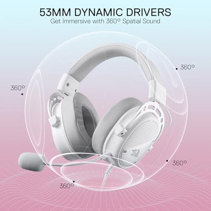 Redragon H730 USB Wired Gaming Headset - 53mm Drivers, 360° Spatial Sound, Detachable Noise-Canceling Microphone, Magnetic Replaceable Ear Cushions, Over-Ear Headphones Works for PC/PS4, White - color: White