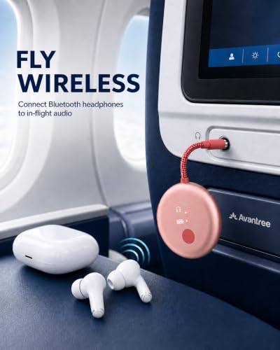 Avantree SoundJet R1-25Hr Airplane Bluetooth Adapter for All AirPods | Qualcomm Chip & aptX Adaptive, Wireless Audio Transmitter for Flight Travel, Works with Bose & Other Headphones - color: 2. Pink