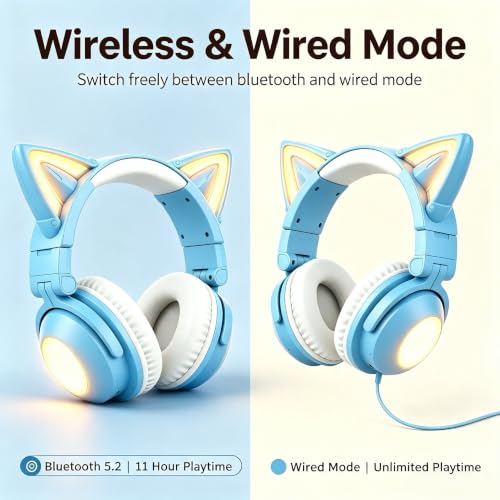Cat Ear Headphones with Microphone,Gaming Headset,LED Lights | Bluetooth Over Ear Headphones,Dual Mode Wireless & Wired Headphones,Compatible with Phone/PC/Tablet/TV,Foldable,Blue - color: Blue