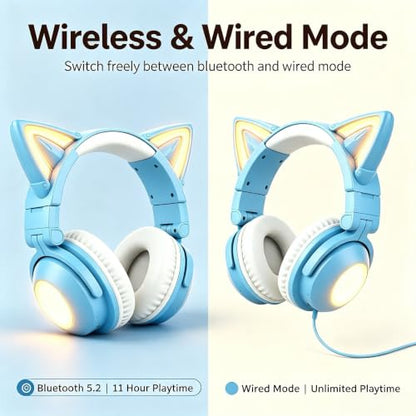 Cat Ear Headphones with Microphone,Gaming Headset,LED Lights | Bluetooth Over Ear Headphones,Dual Mode Wireless & Wired Headphones,Compatible with Phone/PC/Tablet/TV,Foldable,Blue - color: Blue