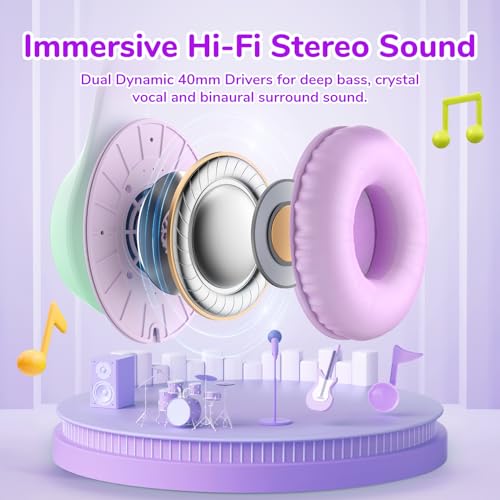 EarFun K3 Kids Headphones, Wired Kids Headphones with Mic for School/Travel | Built-in Mic, 85/94dB Volume Limit, HD Stereo Sound, 3.5mm Jack, Foldable Wired Headphones for Boys/Girls/Tablet/iPad, Purple - color: Purple