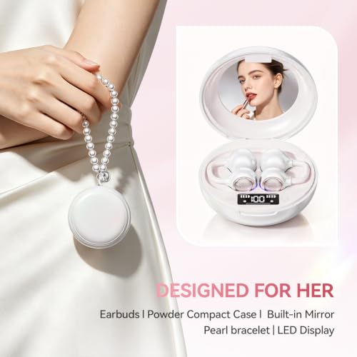 Open Ear Clip On Earbuds Wireless Headphones with Mirror(White) - color: White