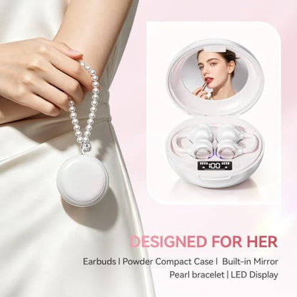 Open Ear Clip On Earbuds Wireless Headphones with Mirror(White) - color: White