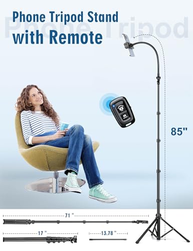 Phone Tripod, 85" Tripod for Cell Phone iPhone with Gooseneck | Aluminum Tripod Stand for Video Recording Photo Vlog, Travel Cellphone Tripod with Remote Compatible with iPhone Android - size: 85 Inch