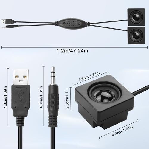 XMSJSIY Mini Computer Speaker for Desktop PC 3.5mm TRS Input -1.2M/3.9FT | with Volume Control USB Powered Stereo Hidden Type Small Speakers for PC Laptop Phone Notebook - 1 Pair