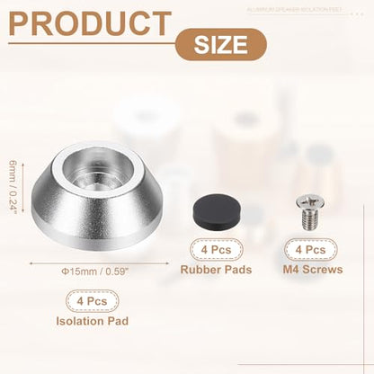 MECCANIXITY 4Pcs Speaker Isolation Pad Feet, 15x6mm Shockproof Aluminum Alloy Vibration Isolation Speaker Shock Base Pad Cone Base with Screws & Rubber Pads for Audio Equipment, Silver - color: Silver, size: 15x6mm