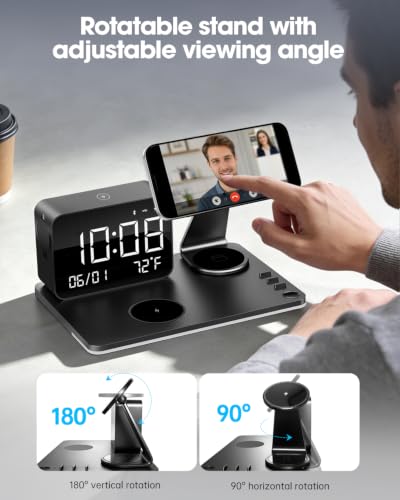 7-in-1 Magnetic Wireless Charging Station with Digital Clock & LED Lamp | 65W Power Adapter, 25W Fast Charging, 6-Device Charging Hub, Rotatable Stand, Bluetooth TimeSync, Qi Magsafe Compatible
