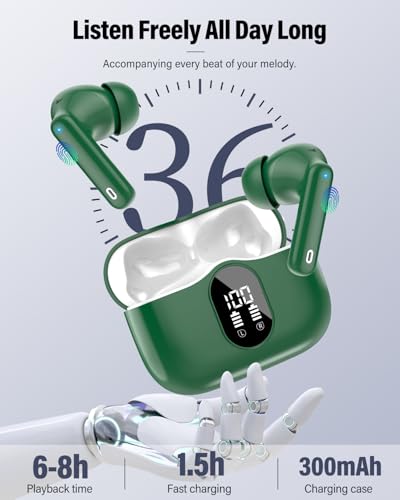 Wireless Earbuds, Bluetooth 5.4 Headphones Bass Stereo/Clear Calls, Green | Ear Buds with Noise Cancelling Mic LED Display in Ear Earphones IP7 Waterproof 36H Bluetooth Earbuds for Phones/Sport/Laptop - color: Green