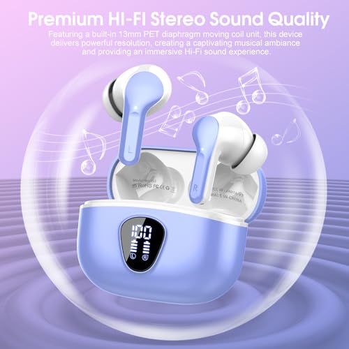 Wireless Earbuds, Bluetooth 5.4 Headphones HiFi Stereo, Bluetooth Earbuds | with ENC Noise Cancelling Mic,IP7 Waterproof in Ear Earphones,48H, LED Display Ear buds for Pad Phones Workout, White Purple - color: White Purple