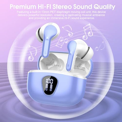Wireless Earbuds, Bluetooth 5.4 Headphones HiFi Stereo, Bluetooth Earbuds | with ENC Noise Cancelling Mic,IP7 Waterproof in Ear Earphones,48H, LED Display Ear buds for Pad Phones Workout, White Purple - color: White Purple