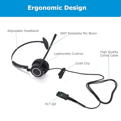 Mono Plantronic-QD Headset with Microphone - for Cables with 4-Pin Quick Disconnect Connector for Call Center Office (VTX100QD) - style: Mono-2