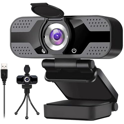 Full HD 1080p Webcam with Privacy Shutter and Tripod, Video and Wide Angle Camera, Built-in Mic, Widescreen USB Computer Camera for Laptop Desktop