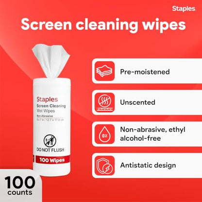 Staples Screen Cleaning Wipes – 100‑Count Tub for Monitors, Laptops, Phones & Electronics | Safe for monitors, laptops, and phones. Removes dust, smudges, and grime. - size: 100 Count (Pack of 1)