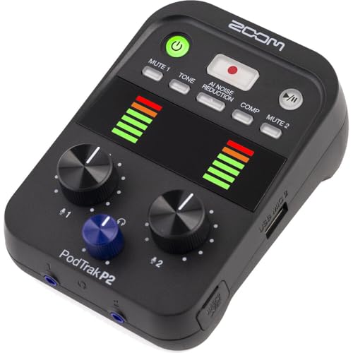 Zoom PodTrak P2 Two-Host Podcast Bundle with 2X Zoom Zum-2 USB Supercardioid Condenser Mics, ZHP-2 Headphones, and TPS-4 Tripods — Dual-Mic Recorder for Two-Host Podcasting, Interviews, Co-Hosting