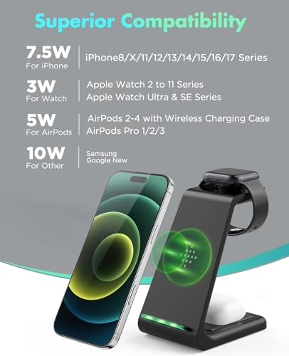 3 in 1 Wireless Charging Station, 2026 Upgraded Fast Desk Charger Station for iPhone 17 16 15 14 13 12 Pro Max Plus, Charger Stand for Apple Watch 10 9 8 7 6 5 4 3 2 SE, Airpods 4 3 2 Pro(Black) - color: B-Black