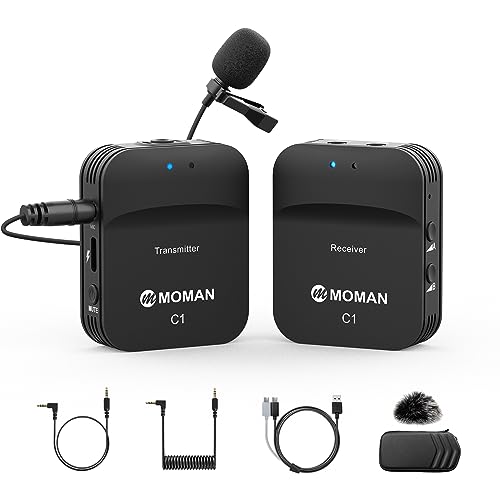 Moman Wireless Lavalier Microphone, 2.4GHz Compact Wireless Lapel Mic System with Noise Cancellation Transmission 8H Battery Life for DSLR Cameras/Smartphone/Tablet/Live Streaming (C1 Solo) - size: C1