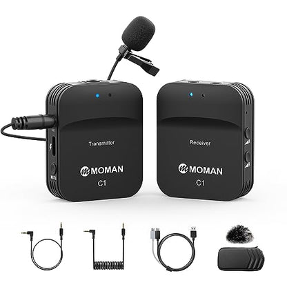 Moman Wireless Lavalier Microphone, 2.4GHz Compact Wireless Lapel Mic System with Noise Cancellation Transmission 8H Battery Life for DSLR Cameras/Smartphone/Tablet/Live Streaming (C1 Solo) - size: C1