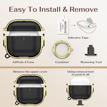 for AirPods 4 Case with Safety Lock, Magsafe Compatible, Gold/Black | Double Secure Lock,Drop Protection,Two-Piece Design,with Gold Keychain, Anti Lost, Dustproof, Cute AirPod 4 Case - color: Gold+Black, size: AirPods 4 Case