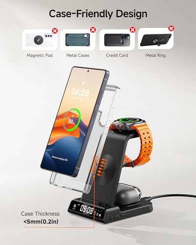 Wireless Charger for Samsung S26 Ultra, Galaxy Watch 9/Ultra 2/8/Buds4 Pro | for Samsung S26+/S25 Ultra/S25/Z Flip8/S24/S23/S22, Galaxy Watch 8/Ultra/7/6/5, Galaxy Buds4 Pro, Space-saving, LED Clock - color: Black