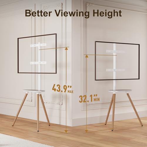 Tripod TV Stand for 43-65" TVs, Swivel, White | Height-adjustable easel TV stand, wood media shelf, cable management and VESA up to 400x400 - color: White, size: 43–65 Inch TVs