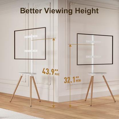 Tripod TV Stand for 43-65" TVs, Swivel, White | Height-adjustable easel TV stand, wood media shelf, cable management and VESA up to 400x400 - color: White, size: 43–65 Inch TVs