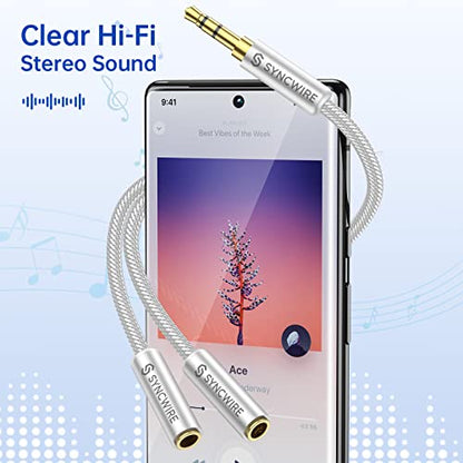 SYNCWIRE Headphone Splitter, 3.5mm Male to 2 Female Y Cable, Silver | Nylon-braided Extension Cable Audio Y Splitter (Hi-Fi Sound), Headset Splitter for Apple, Samsung, Tablets & More (No Mic) - color: Silver