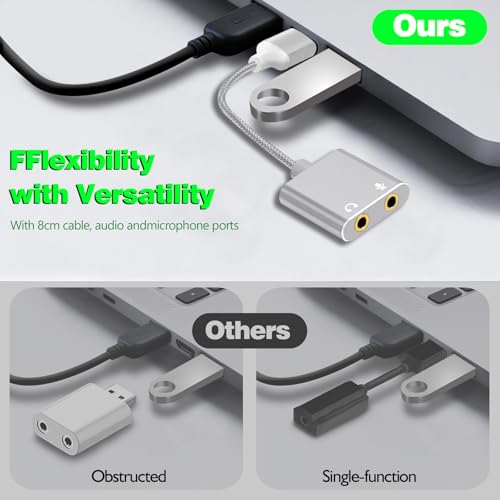 USB to 3.5mm Audio Adapter, External Sound Card with Headphone, Microphone Jack for Windows, Mac, Linux, PS4, PS5(Silvery) - color: Silvery
