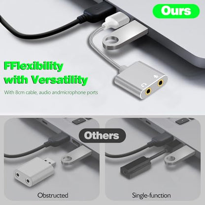 USB to 3.5mm Audio Adapter, External Sound Card with Headphone, Microphone Jack for Windows, Mac, Linux, PS4, PS5(Silvery) - color: Silvery