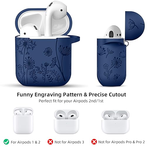 Lerobo for AirPod Case 2nd/1st Generation with Keychain | Flower Engraved Silicone Protective Cover for AirPods 2 Case, Wireless Charging, Led Visible, One-piece Design, Midnight Blue - color: Midnight Blue