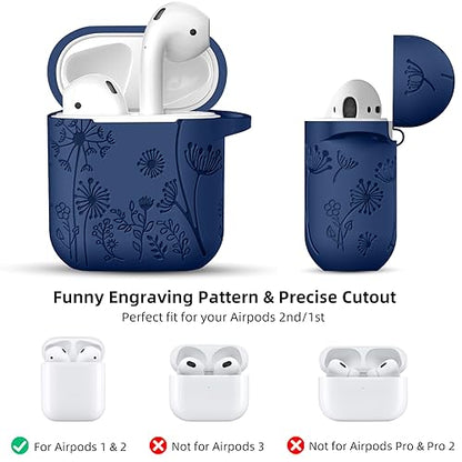 Lerobo for AirPod Case 2nd/1st Generation with Keychain | Flower Engraved Silicone Protective Cover for AirPods 2 Case, Wireless Charging, Led Visible, One-piece Design, Midnight Blue - color: Midnight Blue