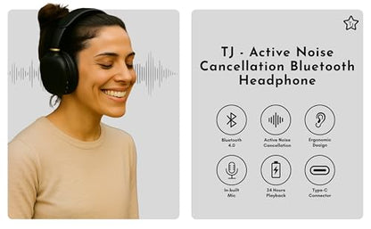 TJ Home Essentials Active Noise Cancellation Bluetooth Over Ear Headphones Leather Wireless Headset Wired Built-in MIC 24H Playtime High Res Audio Travel/Work/Students/Running/Gym(Black) - color: Black
