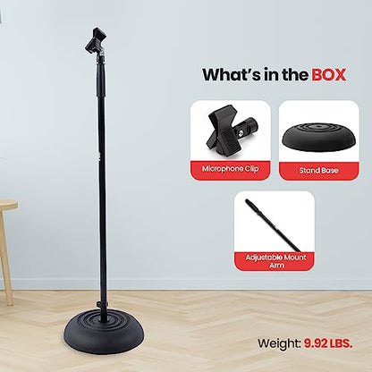 Pyle Adjustable Microphone Stand - Universal Mic Stand with Compact Heavy Base, Floor Standing Design, Height Adjustable, Pivot Angle Clip for Singing & Recording (2.8’ - 5’ ft., 9.8” Base Diameter) - size: 1 Pack