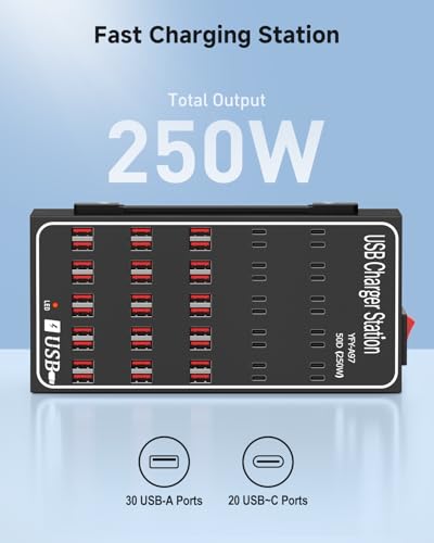 250W USB~c Charging Station, 50 Port (30 USB A & 20 USB~C Port) USB~C Charger Block, Fast Charging Station for Multiple Devices, Desktop USB Charger Compatible for iPhone, iPad, Tablets