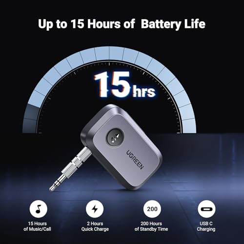 UGREEN 5.4 Aux Bluetooth Adapter, Noise Cancelling 3.5mm AUX Bluetooth Car Adapter, Wireless Audio Receiver for Home Stereo/Wired Speaker, 15H Battery Life - color: Grey