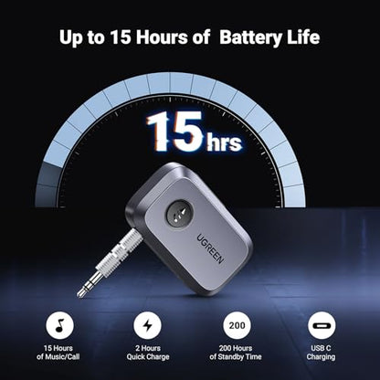 UGREEN 5.4 Aux Bluetooth Adapter, Noise Cancelling 3.5mm AUX Bluetooth Car Adapter, Wireless Audio Receiver for Home Stereo/Wired Speaker, 15H Battery Life - color: Grey