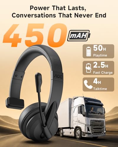 AOC Wireless Headset with Microphone for Work, AI ENC Noise Cancelling Bluetooth 6.0 Headset, 45H Playtime Mono Office Headset with 2.4G Dongle