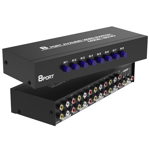 Fosmon 8방향 RCA 스플리터 및 AV 스위치, 20.3cm(8인치) (암) 1 아웃(암) 오디오 비디오 스테레오 셀렉터 스위치 박스, RCA 컴포지트 패치 케이블 및 S-비디오 케이블 포함, HDTV, STB, 게임 콘솔용 - color: 8방향