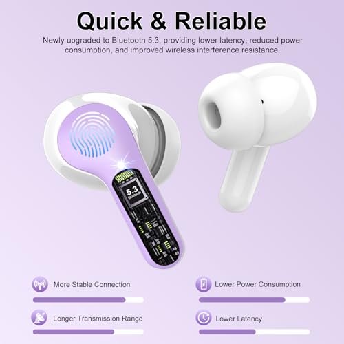 Wireless Earbuds, Bluetooth 5.4 Headphones HiFi Stereo, Bluetooth Earbuds | With ENC Noise Cancelling Mic,IP7 Waterproof in Ear Earphones,48H, LED Display Ear buds for Pad Phones Workout Sports, Purple - color: Purple