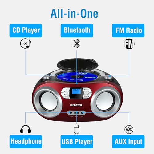 MEGATEK Portable CD Player Boombox with Bluetooth & FM Radio – Cherry Red | USB Playback, Clear Stereo Sound, AUX Input, Headphone Jack, CD-R/RW & MP3-CD Support, LCD Display, AC/Battery Powered - color: Cherry Red