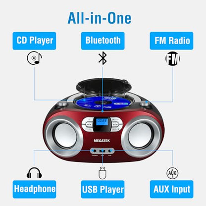 MEGATEK Portable CD Player Boombox with Bluetooth & FM Radio – Cherry Red | USB Playback, Clear Stereo Sound, AUX Input, Headphone Jack, CD-R/RW & MP3-CD Support, LCD Display, AC/Battery Powered - color: Cherry Red