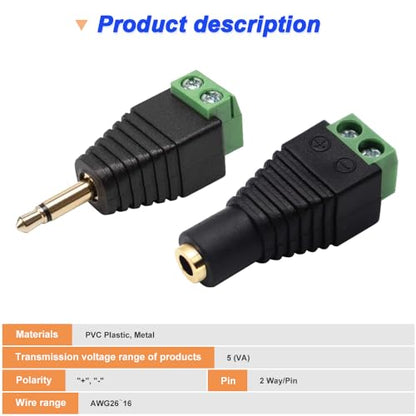 3.5mm Screw Terminal Gold Plated, 1/8" TS Mono Male to 2 Pin Screw Terminal with 1/8" TS Mono Female to 2 Pin Screw Terminal, Balun Solderless Converter with Screwdriver - color: 2Pin